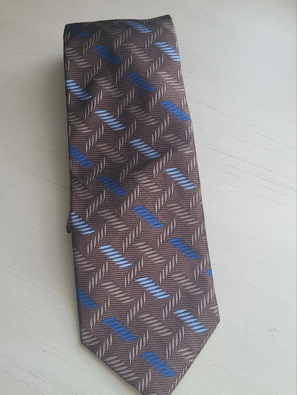 Vintage Johnston & Murphy 100% Silk Tie Handmade New York Brown Blue Geometric